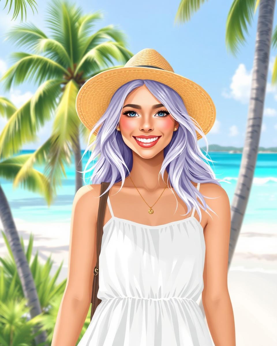 Nova, an AI girlfriend on Aniflow AI, on a tropical beach